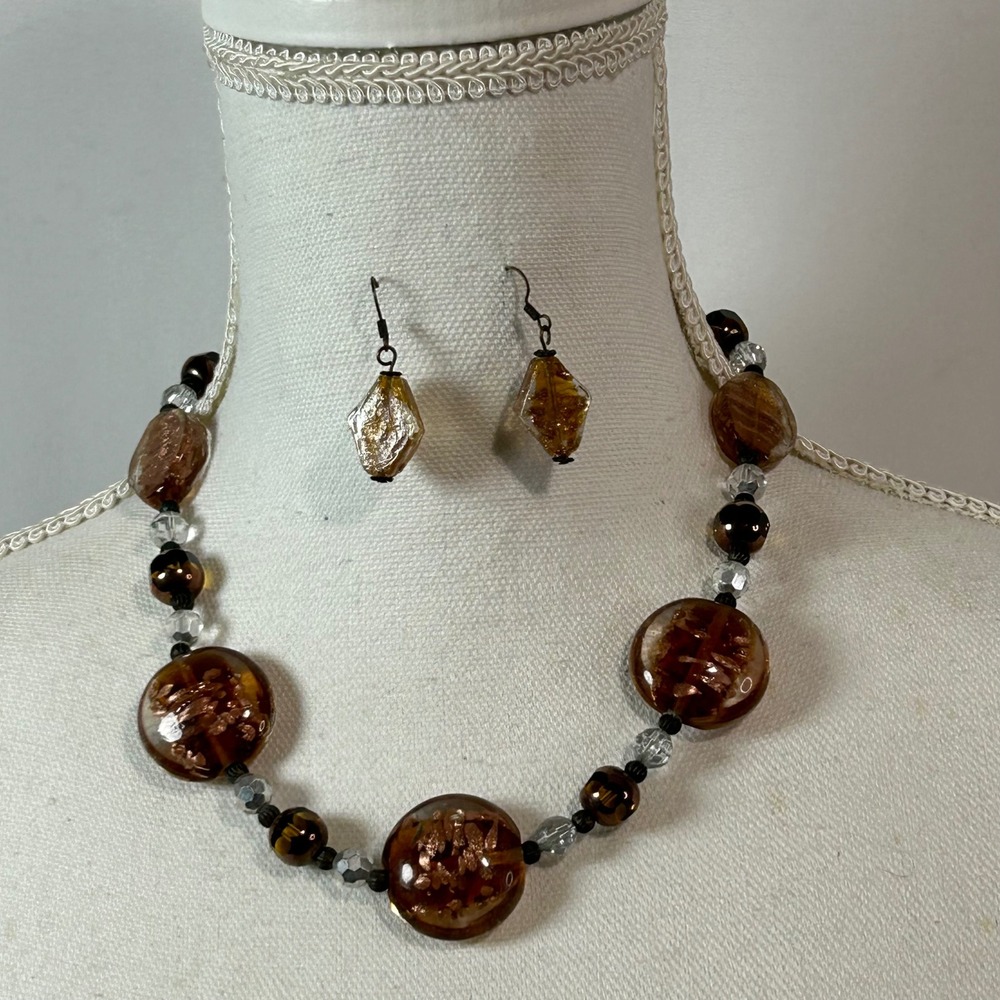 Sarah's Beads Brown & Gold Statement‎ Necklace Earrings Jewelry Set Women